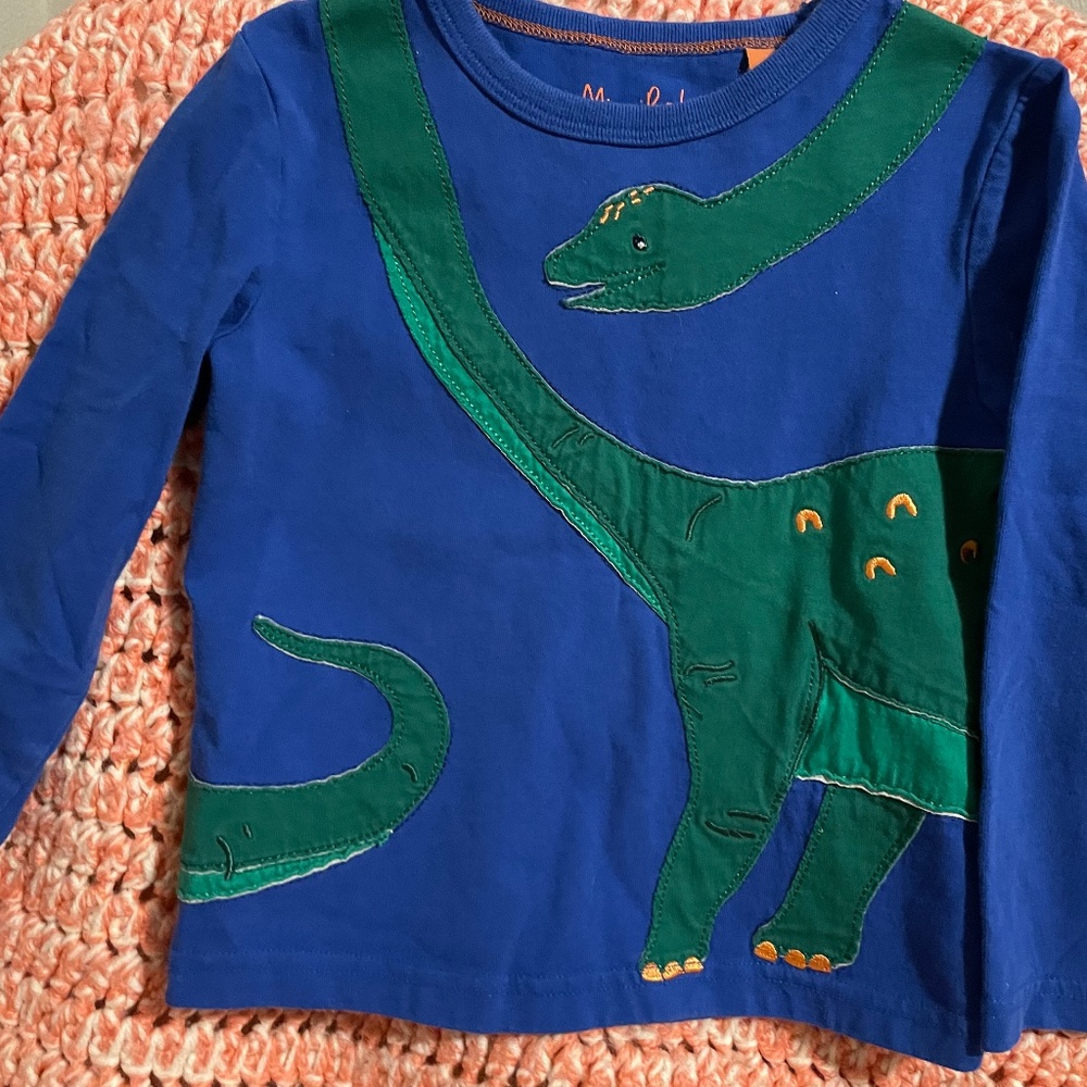 Mini Boden 4T Boys Blue Long Sleeve Dinosaur Appliqué Shirt